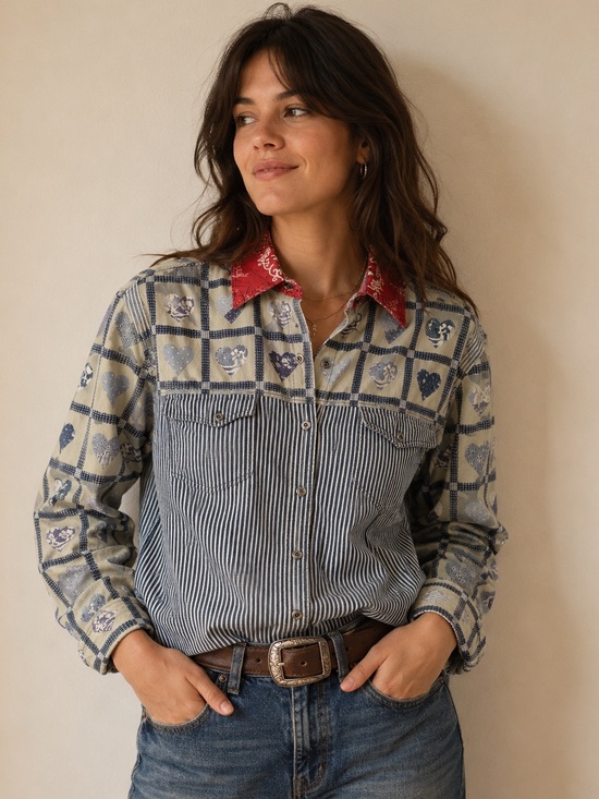 Tops - VTG Patchwork Heart Print Button-Up Striped Poplin Shirt Red Bandana Collar Med
